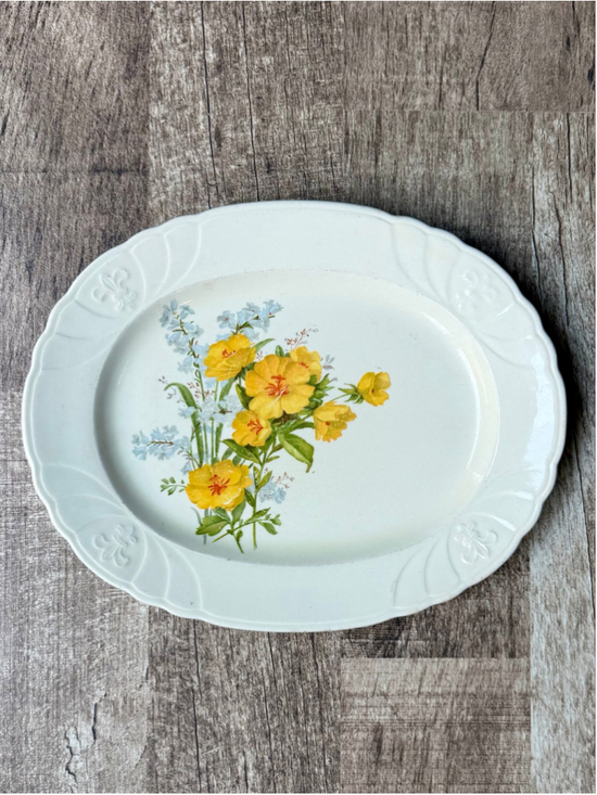 Le Mode Other - Vintage The Mode Crown Ceramic Oval Serving Platter Yellow Floral Scalloped